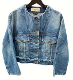 マックスマーラ Max Mara NO COLLAR DENIM JACKET ノーカラー デニム ジャケット ダメージ加工 フリンジ BLUE 青 INDIGO インディゴ 504606996 ジャケット 無地 ブルー SIZE34 104LT-21