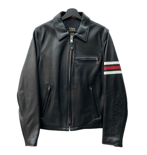 ステューシー STUSSY Schott ショット コラボ シングル ライダース レザー 革ジャン ラムレザー 羊革 USA製 黒 7547 サイズ 38 ジャケット ライン ブラック 104MT-2077
