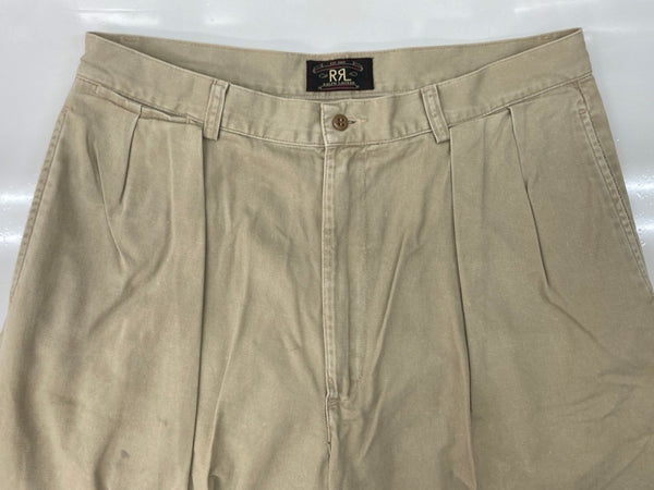 ダブルアールエル RRL 90s TACK CHINO PANTS タック チノ パンツ ジップフライ ワーク トラウザーズ 三ツ星タグ USA製 Ralph Lauren 薄茶 無地 チノパン ベージュ 33×31 104MB-343