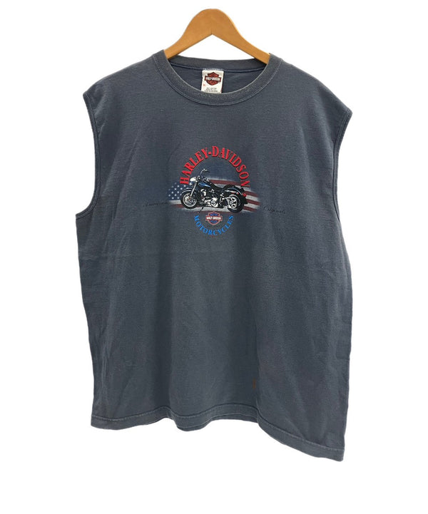 ハーレーダビッドソン Harley-Davidson 00's MORTERCYCLE イーグル モーターサイクル バイク バーアンドシールドロゴ 両面 プリント XL ノースリーブ ブルー LLサイズ 101MT-4537