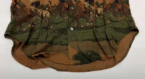 ラルフローレン RalphLauren 90's 90年代 オープンカラー 開襟 ステンカラー フロントボタン レーヨン 馬 HORSE ヴィンテージ VINTAGE マレーシア製 グリーン系 ブラウン系 SIZE12 長袖シャツ 総柄 マルチカラー 104MT-2038