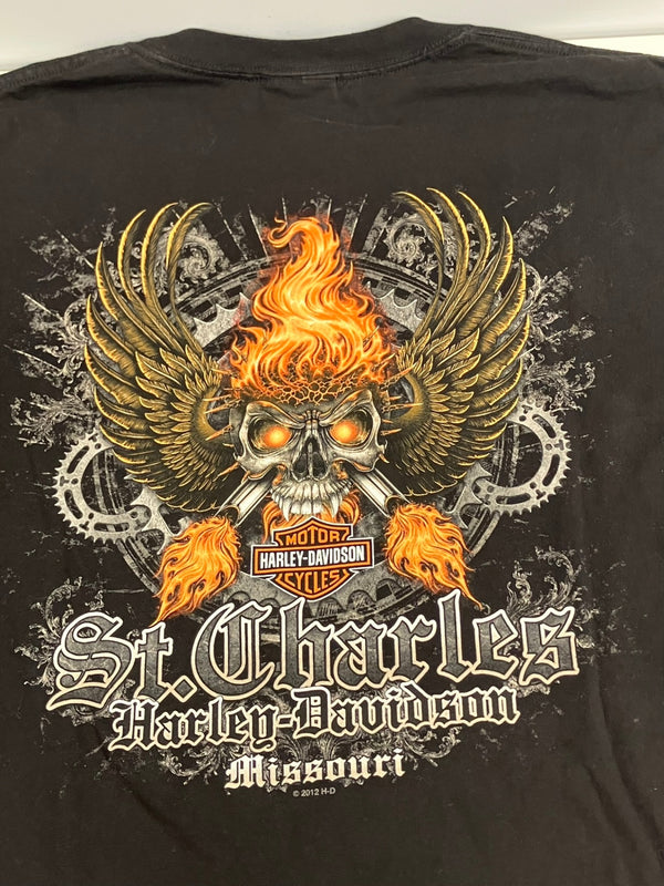 ハーレーダビッドソン Harley-Davidson モーターサイクル バイク スカル ドクロ フレイム ファイヤー ロゴ 両面プリント ポケット - Tシャツ ブラック 101MT-4533