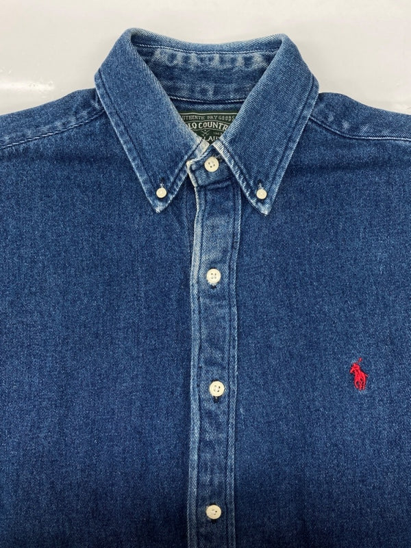 ラルフローレン RalphLauren POLO COUNTRY 90s BUTTONDOWN DENIM SHIRT ボタンダウン デニム シャツ 長袖 インディゴ 青 長袖シャツ ロゴ ブルー Sサイズ 104MT-2263