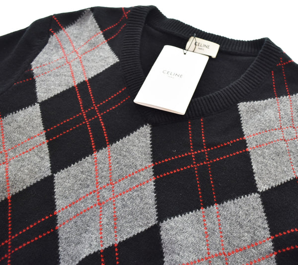 セリーヌ Céline Argyle アーガイル柄 Vネック ウール 長袖ニット セーター  ブラック SSサイズ 103MT-3435