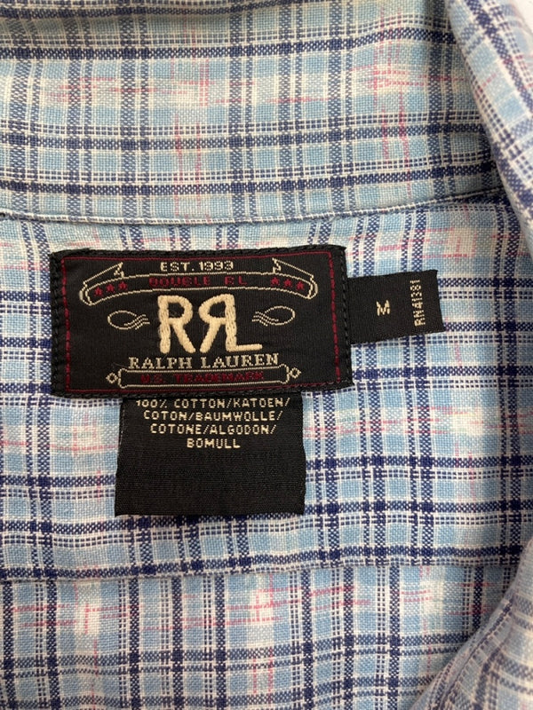 ダブルアールエル RRL 90s OPEN COLLAR SHIRT オープン カラー シャツ アロハ ハワイアン ワーク 半袖 開襟 三ツ星タグ Ralph Lauren 青 半袖シャツ チェック ブルー Mサイズ 104MT-1517