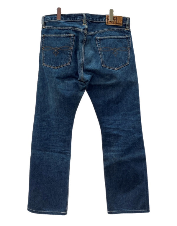ダブルアールエル RRL DENIM PANTS デニム パンツ 赤耳 セルビッチ ボタンフライ ジーパン ジーンズ USA製 Ralph Lauren インディゴ 青 ロゴ デニム ブルー 34×32 104MB-352
