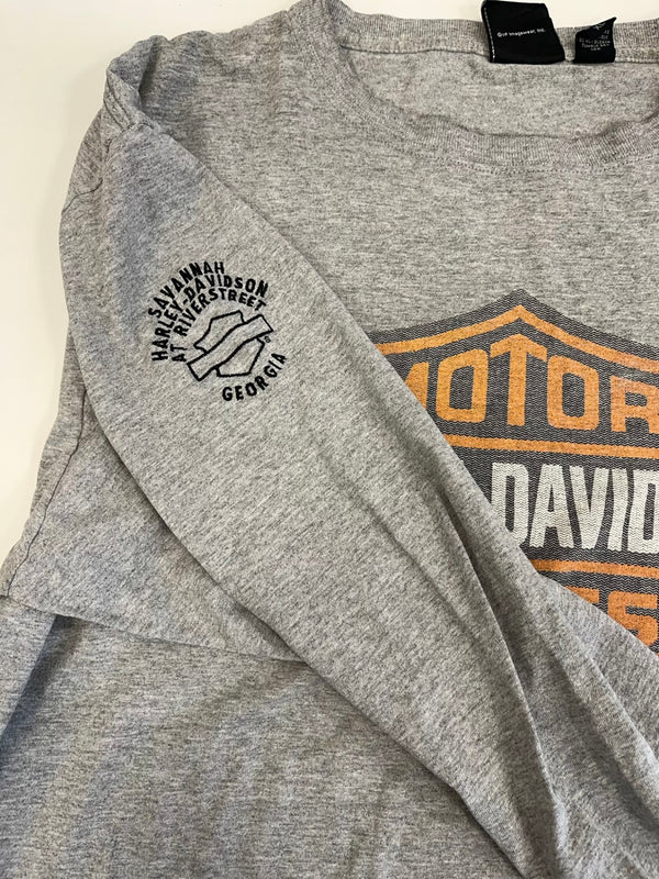 ハーレーダビッドソン HARLEY DAVIDSON 00's ©2004 シールドロゴ プリント モーターサイクル 袖プリント XL ロンT グレー LLサイズ 101MT-4110