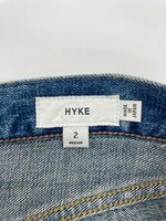 ハイク HYKE DENIM BARREL LEG JEANS デニム バレル レッグ ジーンズ ジーパン ウォッシュ加工 ボタンフライ パンツ インディゴ 青 無地 デニム ブルー サイズ2 104MB-395