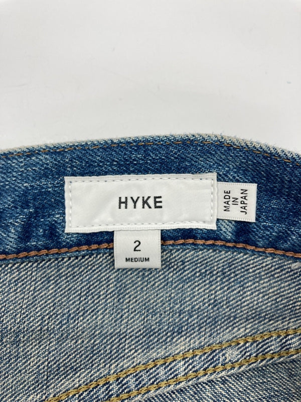 ハイク HYKE DENIM BARREL LEG JEANS デニム バレル レッグ ジーンズ ジーパン ウォッシュ加工 ボタンフライ パンツ インディゴ 青 無地 デニム ブルー サイズ2 104MB-395