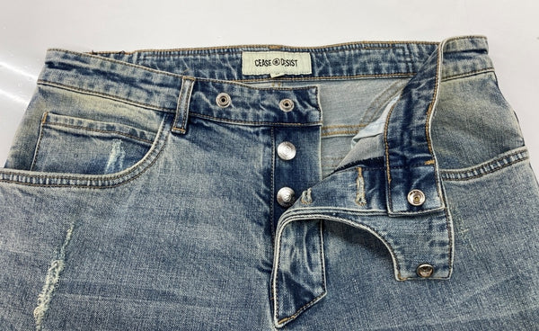 シーズアンドデジスト CEASE±DESIST RIBBED STACED DENIM リブ スタック デニム 青 ワンポイント デニム ブルー 34 104MB-331