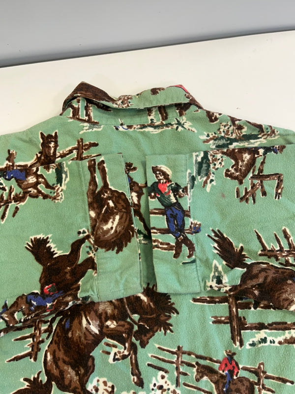 ヴィンテージ vintage Nick & Nora sleepwear ニック&ノラ パジャマシャツ フランネル カウボーイ柄 長袖シャツ グリーン Lサイズ 101MT-5421
