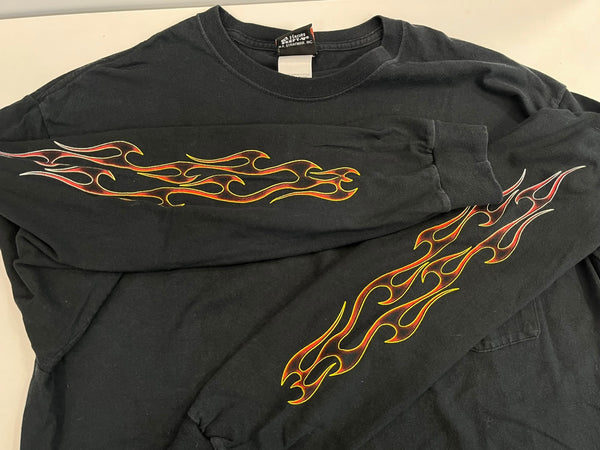 ハーレーダビッドソン Harley-Davidson 00’s  バーアンドシールドロゴ モーターサイクル パイレーツ 海賊 フレイム ファイヤーパターン 袖プリント 両面プリント VINTAGE ヴィンテージ ポケット ロングスリーブ ロンT ブラック Lサイズ 101MT-4572