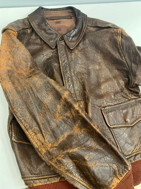 ミリタリー Military 40's 40年代 USAF US AIR FORCE A-2 フライトジャケット A2 赤リブ 実物 TALON ZIPPER コの字留め Vintage ヴィンテージ - ジャケット ブラウン 101MT-4363