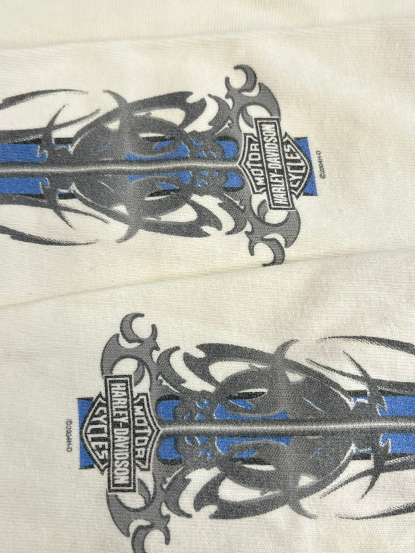 ハーレーダビッドソン Harley-Davidson 00’s BLUE RIDGE バーアンドシールドロゴ トライバル柄 袖プリント 両面プリント VINTAGE ヴィンテージ XL ロンT ホワイト LLサイズ 101MT-4567