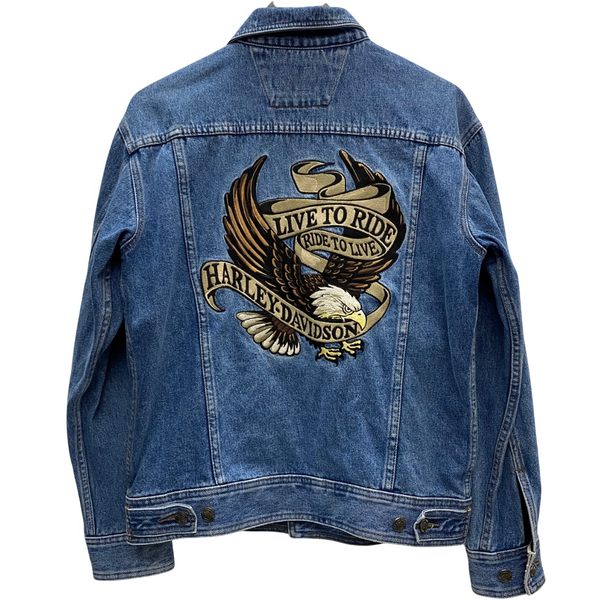 【曜日割引対象外】 ハーレーダビッドソン Harley-Davidson 刺繍ロゴ イーグル デニムジャケット Gジャン ジャケット ブルー Sサイズ 201MT-4152 VB