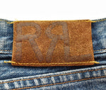 ダブルアールエル RRL ボタンフライ ストレートデニム 日本製 ダメージ加工 青耳 革パッチ デニム ブルー 32/34 103MB-586