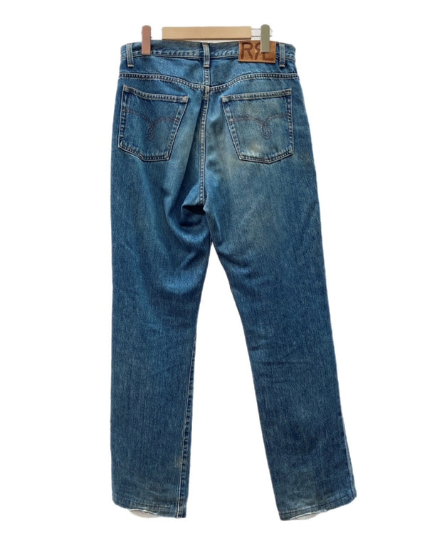 ダブルアールエル RRL DENIM PANTS デニム パンツ ボタンフライ ジーパン ジーンズ USA製 Ralph Lauren インディゴ 青 ロゴ デニム ブルー 31×32 104MB-353