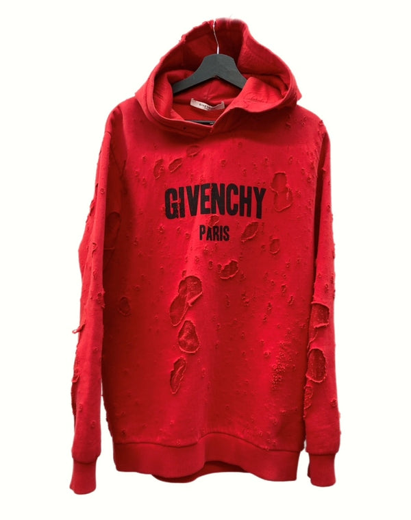 ジバンシィ GIVENCHY 17AW PULLOVER HOODED PARKER プルオーバー フーディ パーカー ダメージ加工 スウェット 赤 17S 7383 653 パーカ ロゴ レッド Mサイズ 104MT-950