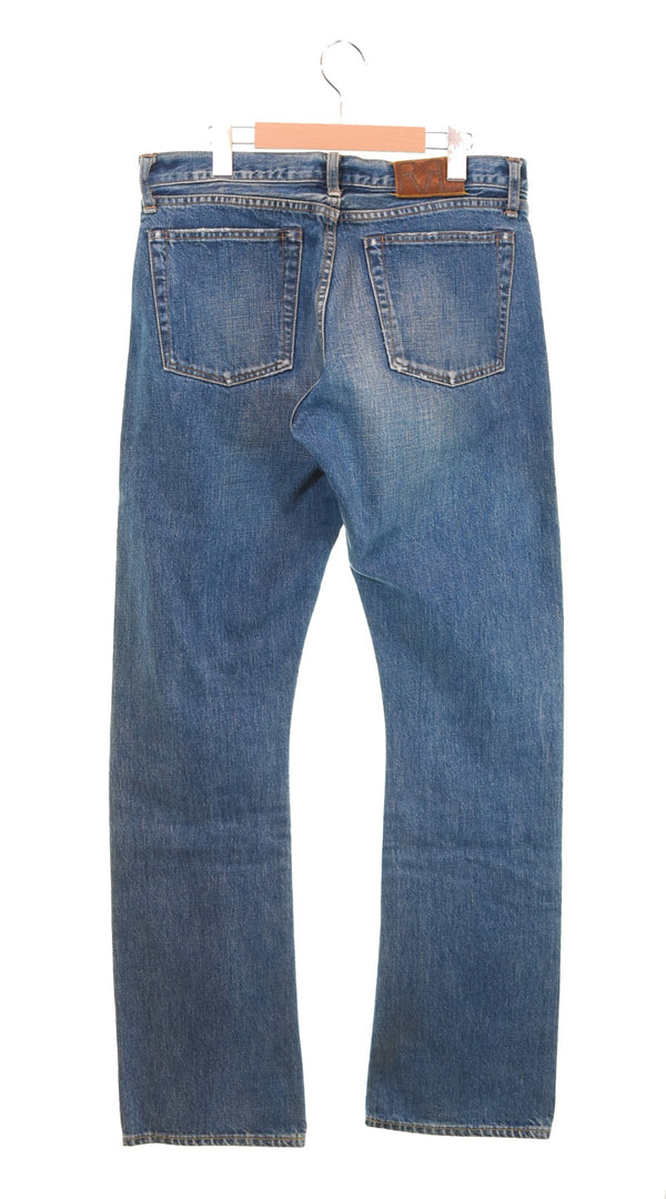 ダブルアールエル RRL ボタンフライ ストレートデニム 日本製 ダメージ加工 青耳 革パッチ デニム ブルー 32/34 103MB-586