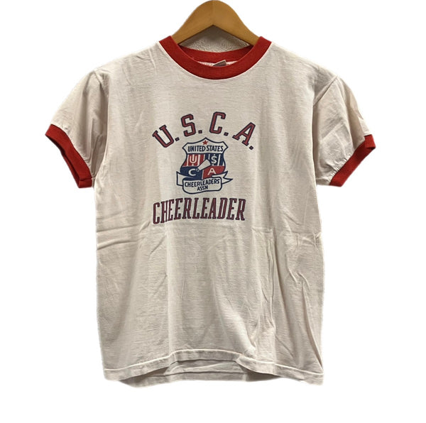 チャンピオン Champion 70's 70年代 バータグ USCA UNITED STATES CHEERLEADERS 染み込み プリント vintage ヴィンテージ made in USA アメリカ製 リンガーＴ Tシャツ ベージュ Mサイズ 101MT-4038