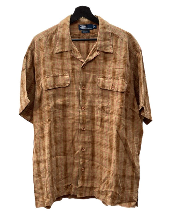 ラルフローレン RalphLauren 90s LINEN S/S OPEN COLLAR SHIRT リネン オープン カラー シャツ 半袖 開襟 茶 HS-RL-YM-0852 半袖シャツ チェック ブラウン Lサイズ 104MT-1505