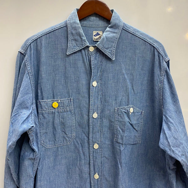 【曜日割引対象外】 ポストオーバーオールズ POST OVERALLS USA製 シャンブレーシャツ ガチャポケ 長袖シャツ ブルー Lサイズ 201MT-4383 VB