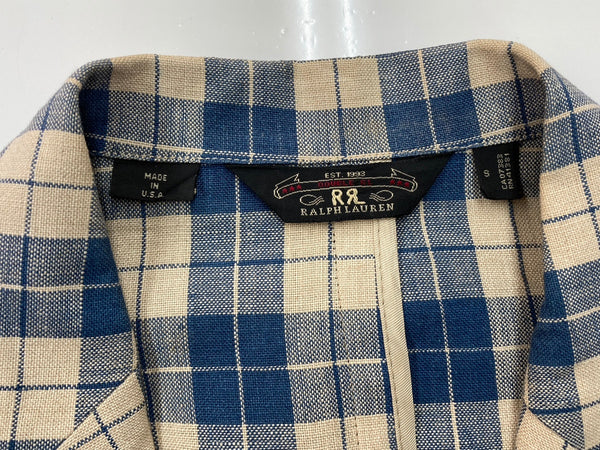 ダブルアールエル RRL 90s 90年代 三ツ星タグ 三角タグ リネン テーラードジャケット USA製 生成り 青  ジャケット チェック ブルー Sサイズ 104MT-2020