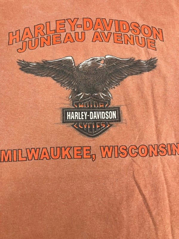 ハーレーダビッドソン Harley-Davidson 00's MORTERCYCLE イーグル モーターサイクル バイク バーアンドシールドロゴ 両面プリント  ポケット XL Tシャツ オレンジ LLサイズ 101MT-4536