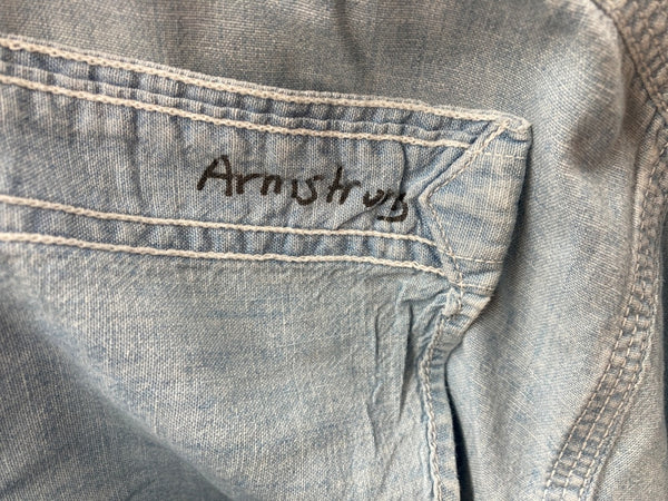 ダブルアールエル RRL 三ツ星タグ DENIM SHIRT デニム バンドカラー シャンブレー フロントボタン ヴィンテージ VINTAGE ラルフローレン RALPH LAUREN マレーシア製 ライトブルー 水色 長袖シャツ 無地 ブルー Sサイズ 104MT-1955