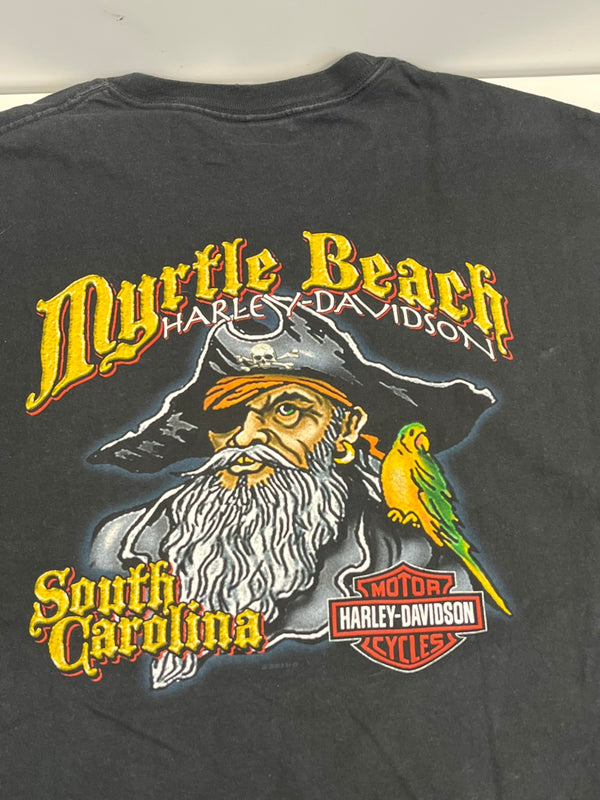 ハーレーダビッドソン Harley-Davidson 00’s  バーアンドシールドロゴ モーターサイクル パイレーツ 海賊 フレイム ファイヤーパターン 袖プリント 両面プリント VINTAGE ヴィンテージ ポケット ロングスリーブ ロンT ブラック Lサイズ 101MT-4572