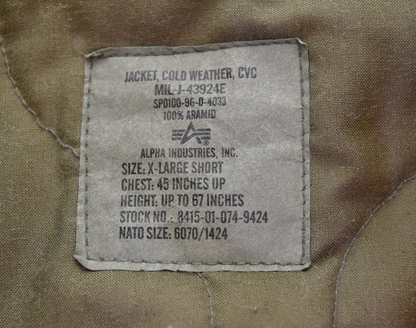 アルファ インダストリーズ ALPHA INDUSTRIES 96年納品 米軍実品 U.S.ARMY Military ミリタリー タンカース CVC コールド ウェザー ジャケット USA製 8415-01-074-9424 ジャケット カーキ 103MT-2468