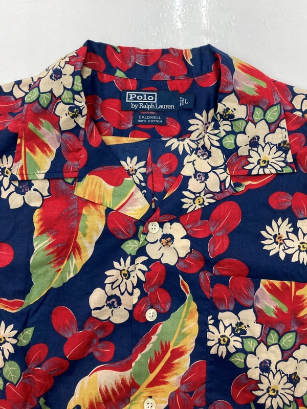 ラルフローレン RalphLauren 90s OPEN COLLAR SHIRT オープン カラー シャツ アロハ ハワイアン 半袖 開襟 紺 半袖シャツ 花・植物 マルチカラー Lサイズ 104MT-1508
