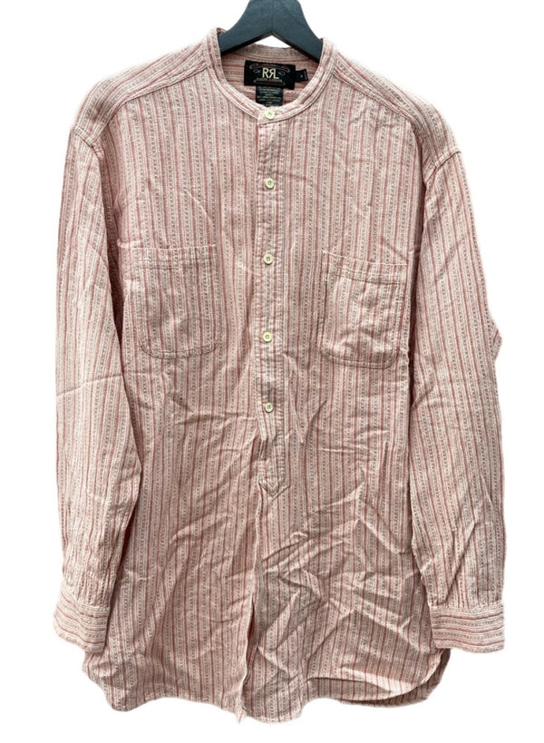 ダブルアールエル RRL 90s 三ツ星タグ SHIRT バンドカラー フロントボタン ヴィンテージ VINTAGE ラルフローレン RALPH LAUREN リネン コットン マレーシア製 RED 赤 長袖シャツ ストライプ レッド Mサイズ 104MT-1970