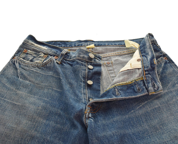 ダブルアールエル RRL ボタンフライ ストレートデニム 日本製 ダメージ加工 青耳 革パッチ デニム ブルー 32/34 103MB-586