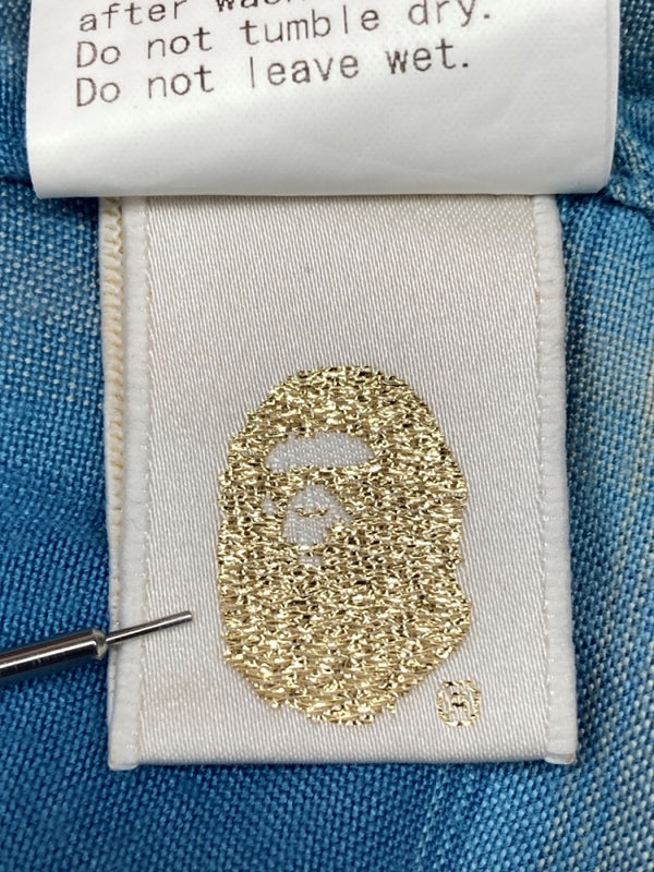 アベイシングエイプ A BATHING APE URSUS BAPE オンブレ チェック オープンカラー シャツ レーヨン 青 長袖シャツ チェック ブルー Lサイズ 104MT-2037