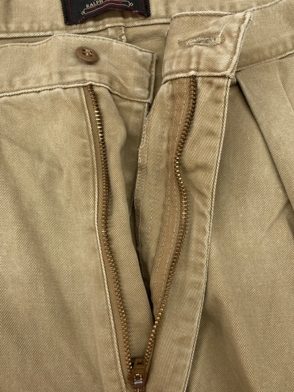 ダブルアールエル RRL 90s TACK CHINO PANTS タック チノ パンツ ジップフライ ワーク トラウザーズ 三ツ星タグ USA製 Ralph Lauren 薄茶 無地 チノパン ベージュ 34×30 104MB-344