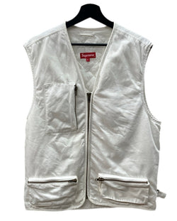シュプリーム SUPREME 16SS WHITE DENIM VEST デニム ジップ ベスト 裏地キルティング 白 ベスト 刺繍 ホワイト Mサイズ 104MT-1643