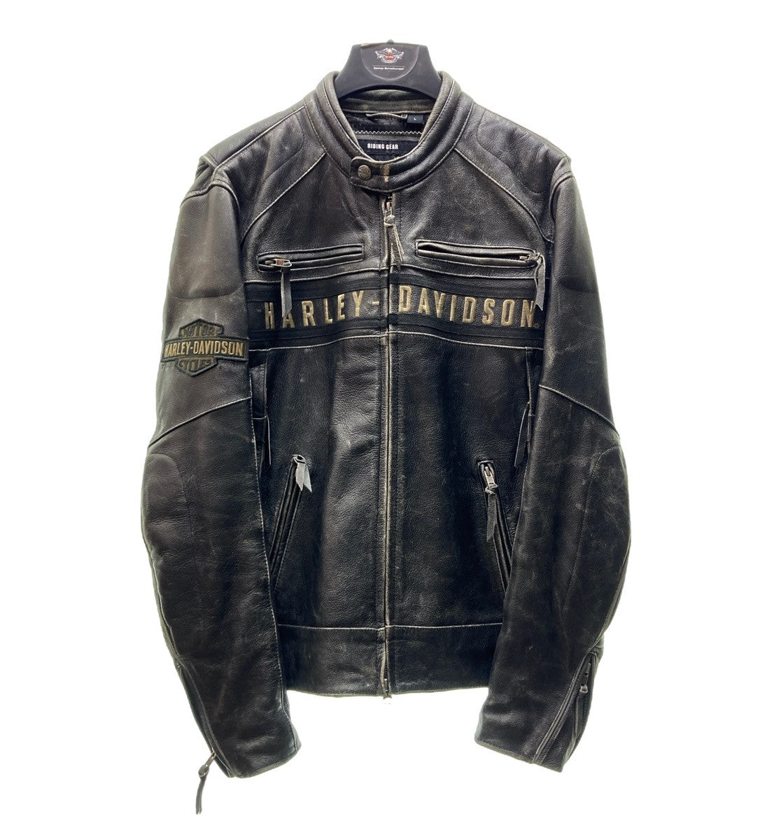 ハーレーダビッドソン HARLEY DAVIDSON RIDING GEAR シングルライダース レザージャケット カウハイド レーシング ワッペン  刺繍 黒 ジャケット ロゴ ブラック Lサイズ 104MT-373 | 古着通販のドンドンサガール