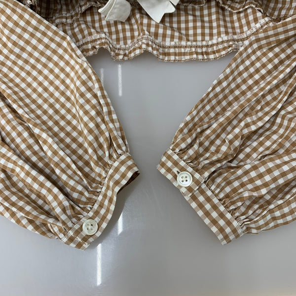 カネコイサオ kaneko isao ワンダフルワールド セーラーカラー シャツ リボン ギンガムチェック柄 長袖シャツ ブラウン 201LT-433