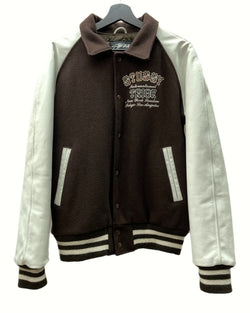 ステューシー STUSSY 25th anniversary TRIBE 4 varsity jacket スタジャン 25周年 スナップボタン USA製 白 茶色 ジャケット 刺繍 ブラウン Lサイズ 104MT-464