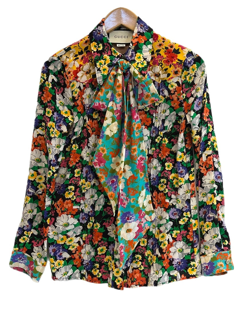 グッチ GUCCI ボウタイ付き 総柄 シルクシャツ フローラル 総柄 花柄