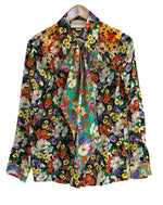 グッチ GUCCI ボウタイ付き 総柄 シルクシャツ フローラル 総柄 花柄