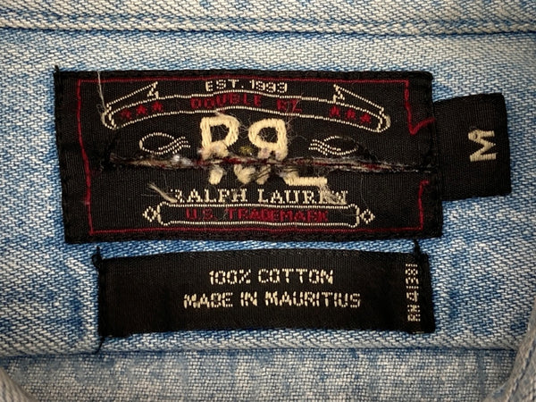 ダブルアールエル RRL 90s 三ツ星タグ DENIM SHIRT デニムシャツ ステンカラー メタルボタン ヴィンテージ VINTAGE ラルフローレン RALPH LAUREN コットン モーリシャス製 ライトブルー 長袖シャツ 無地 ブルー Mサイズ 104MT-1974
