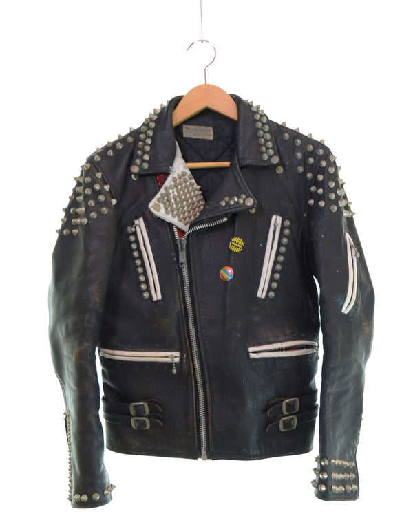 ヴィンテージ Vintage 80s 鋲ジャン ダブルライダースジャケット Made in England 80's パンク スタッズカスタム ロンジャン 英国製 ジャケット ブラック 103MT-3453