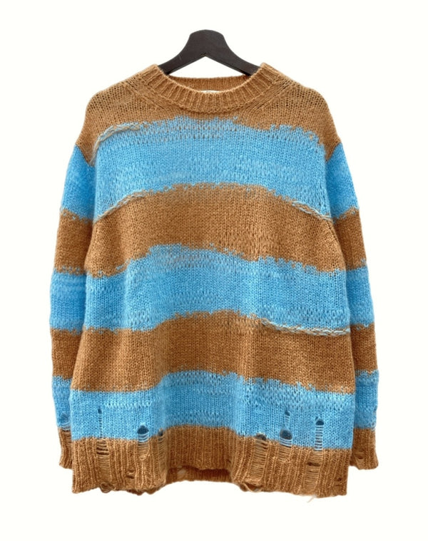 アクネストゥディオズ Acne Studios 21AW DAMAGE BORDER CREWNECK NECK ダメージ ボーダー クルーネック ニット 加工 茶 青 FN-WN-KNIT000347 セーター ボーダー ブラウン XSサイズ 104MT-951