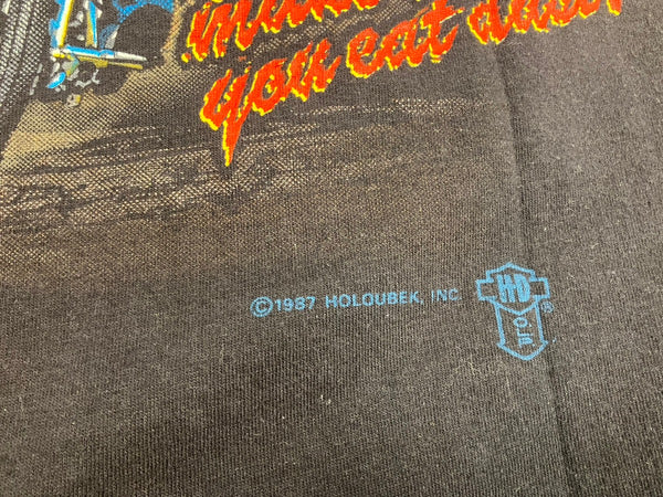 ハーレーダビットソン Harley Davidson 80's 80s HOLOUBEK motorcycle bike ©1987バイク モーターサイクル シールド usa製 シングルステッチ XL Tシャツ ブラック LLサイズ 101MT-3485