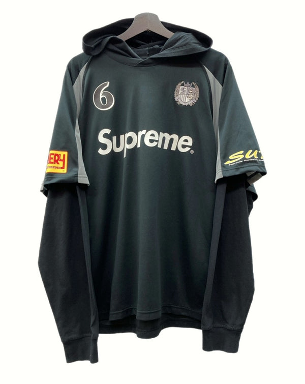 シュプリーム SUPREME 23AW Hooded Soccer Jersey フーディー サッカー ジャージー ゲームシャツ 長袖 刺繍 灰 黒 パーカ ロゴ ブラック Lサイズ 104MT-932