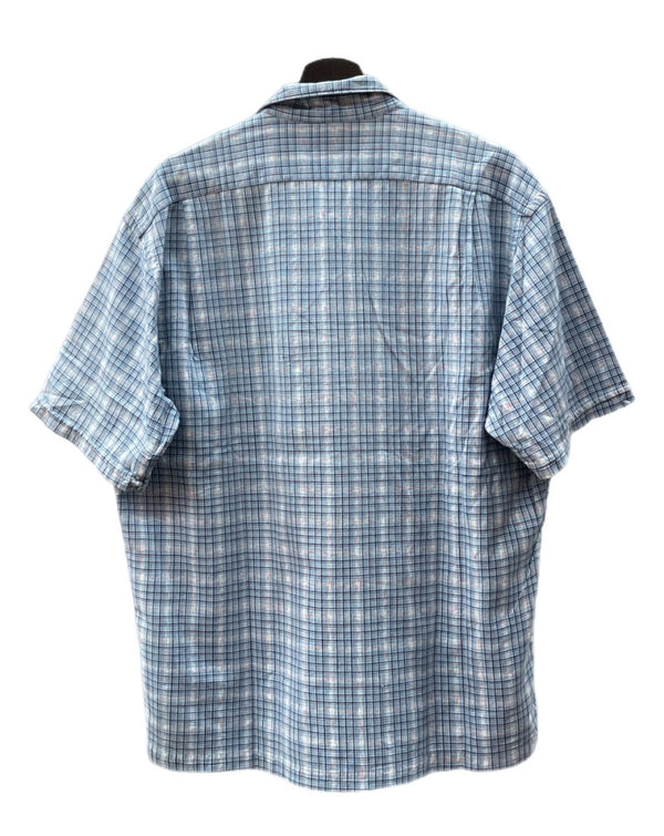ダブルアールエル RRL 90s OPEN COLLAR SHIRT オープン カラー シャツ アロハ ハワイアン ワーク 半袖 開襟 三ツ星タグ Ralph Lauren 青 半袖シャツ チェック ブルー Mサイズ 104MT-1517