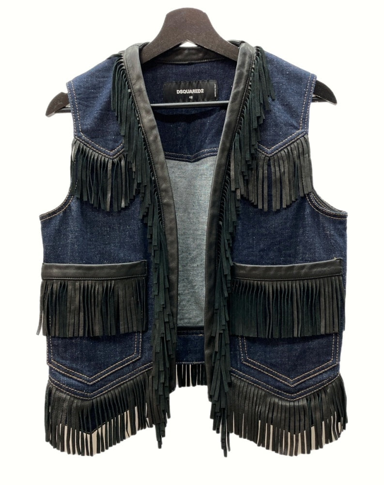 ディースクエアード DSQUARED2 DENIM VEST デニム ベスト FRINGE フリンジ LEATHER レザー INDIGO インディゴ  S71FB0386 S30638 SIZE48 ベスト 刺繍 ネイビー 104MT-657 | 古着通販のドンドンサガール