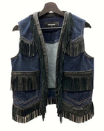 ディースクエアード DSQUARED2 DENIM VEST デニム ベスト FRINGE フリンジ LEATHER レザー INDIGO インディゴ S71FB0386 S30638 SIZE48 ベスト 刺繍 ネイビー 104MT-657